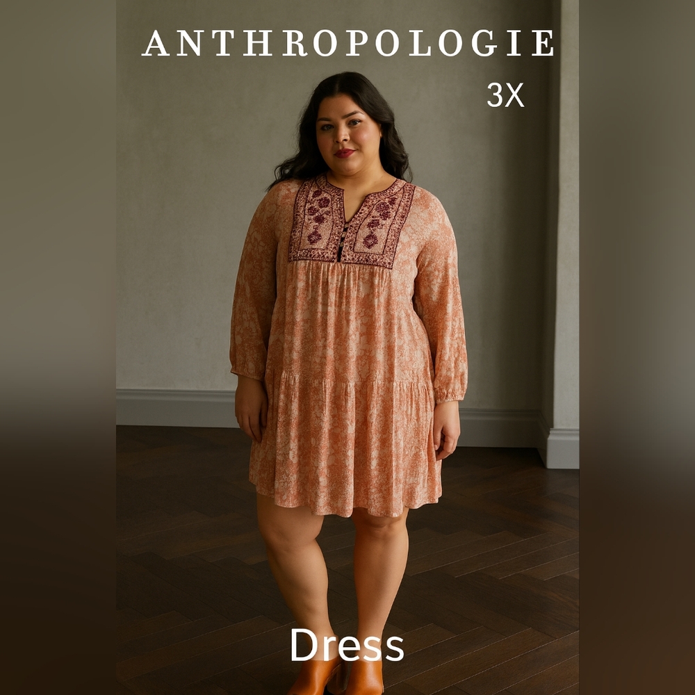 Anthropologie Women’s Embroidered Boho Mini Dress Orange Floral Size 3X